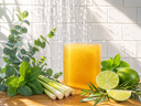 Wooden cutting board with limes, tea tree leaves, eucalyptus leaves, spearmint leaves, lemongrass, and a yellow soap bar against a white tiled wall.